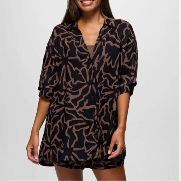 PrAna Small The Bahamas Top Black Boogie Bloom Print Swim Cover-Up Button Down - Picture 2 of 6